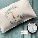 Personalised Name and Initial.. Geometric Greenery Design Linen Style Make Up Bag